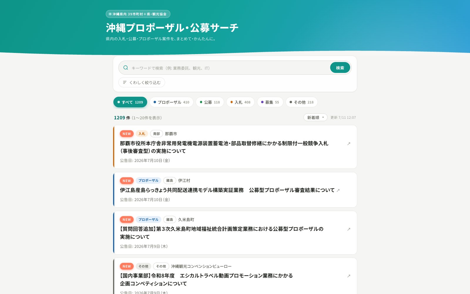 公募サーチの実際の画面 — 1,200件超の案件一覧